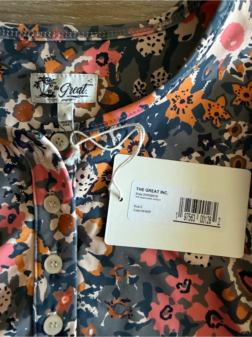 New The Great. Rashguard Henley Swim top Navy Heirloom Floral size 2 medium - Picture 4 of 7